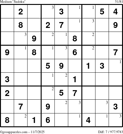 The grouppuzzles.com Medium Sudoku puzzle for Friday November 7, 2025 with the first 3 steps marked