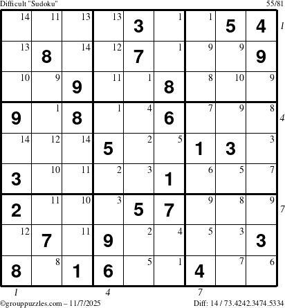 The grouppuzzles.com Difficult Sudoku puzzle for Friday November 7, 2025 with all 14 steps marked