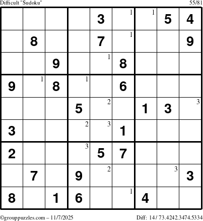 The grouppuzzles.com Difficult Sudoku puzzle for Friday November 7, 2025 with the first 3 steps marked