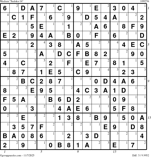 The grouppuzzles.com Medium Sudoku-16 puzzle for Friday November 7, 2025, suitable for printing, with all 5 steps marked