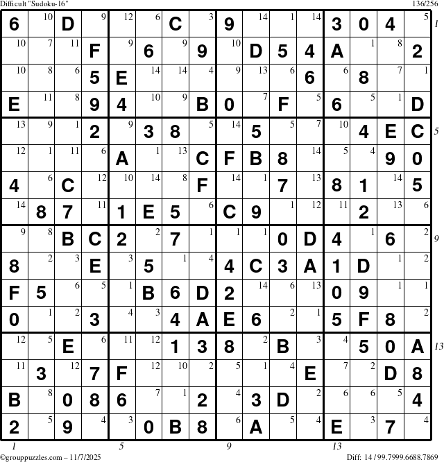 The grouppuzzles.com Difficult Sudoku-16 puzzle for Friday November 7, 2025 with all 14 steps marked