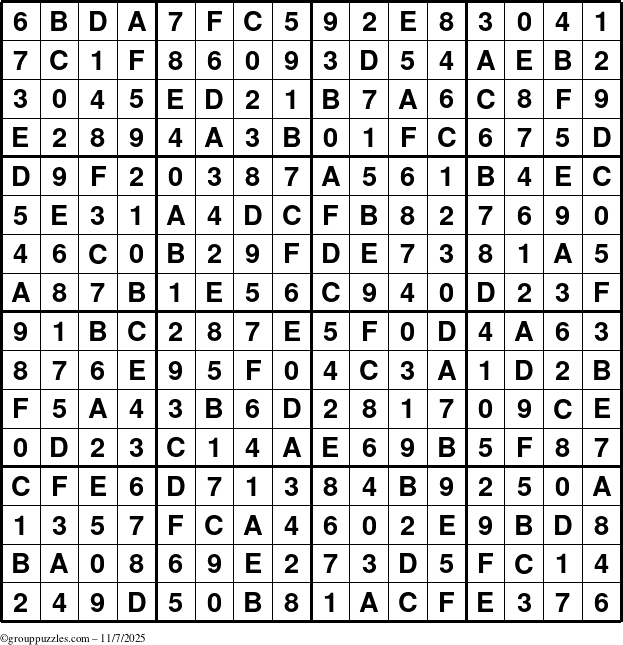 The grouppuzzles.com Answer grid for the Sudoku-16 puzzle for Friday November 7, 2025
