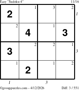 The grouppuzzles.com Easy Sudoku-4 puzzle for Sunday April 12, 2026, suitable for printing, with all 3 steps marked