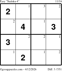 The grouppuzzles.com Easy Sudoku-4 puzzle for Sunday April 12, 2026 with the first 3 steps marked