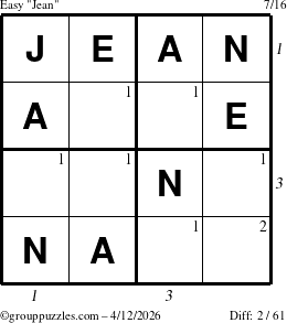 The grouppuzzles.com Easy Jean puzzle for Sunday April 12, 2026, suitable for printing, with all 2 steps marked