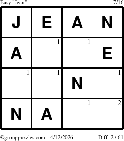 The grouppuzzles.com Easy Jean puzzle for Sunday April 12, 2026 with the first 2 steps marked