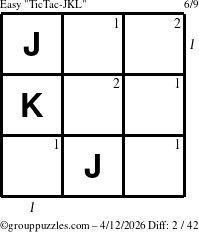 The grouppuzzles.com Easy TicTac-JKL puzzle for Sunday April 12, 2026 with all 2 steps marked
