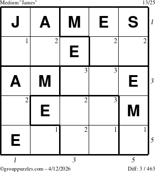 The grouppuzzles.com Medium James puzzle for Sunday April 12, 2026, suitable for printing, with all 3 steps marked
