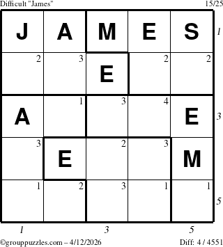The grouppuzzles.com Difficult James puzzle for Sunday April 12, 2026 with all 4 steps marked
