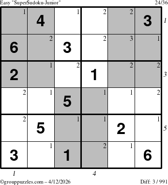 The grouppuzzles.com Easy SuperSudoku-Junior puzzle for Sunday April 12, 2026, suitable for printing, with all 3 steps marked