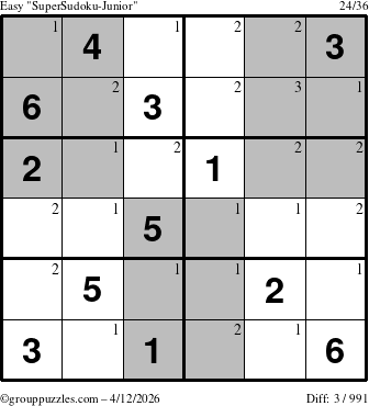 The grouppuzzles.com Easy SuperSudoku-Junior puzzle for Sunday April 12, 2026 with the first 3 steps marked