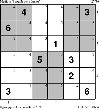 The grouppuzzles.com Medium SuperSudoku-Junior puzzle for Sunday April 12, 2026, suitable for printing, with all 5 steps marked