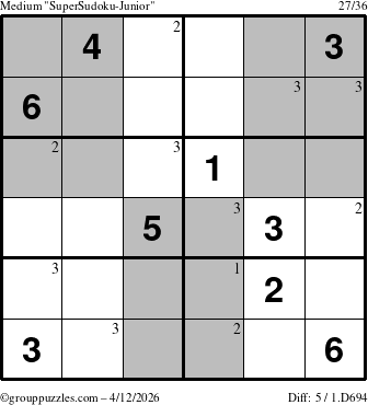The grouppuzzles.com Medium SuperSudoku-Junior puzzle for Sunday April 12, 2026 with the first 3 steps marked