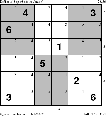 The grouppuzzles.com Difficult SuperSudoku-Junior puzzle for Sunday April 12, 2026, suitable for printing, with all 5 steps marked