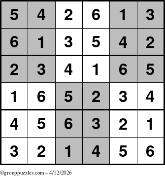The grouppuzzles.com Answer grid for the SuperSudoku-Junior puzzle for Sunday April 12, 2026