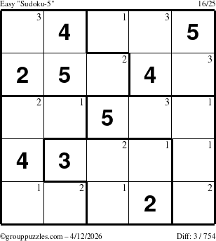 The grouppuzzles.com Easy Sudoku-5 puzzle for Sunday April 12, 2026 with the first 3 steps marked