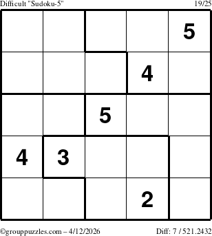 The grouppuzzles.com Difficult Sudoku-5 puzzle for Sunday April 12, 2026