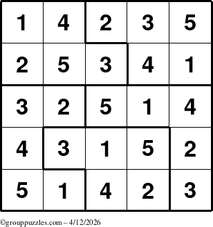 The grouppuzzles.com Answer grid for the Sudoku-5 puzzle for Sunday April 12, 2026