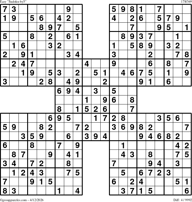 The grouppuzzles.com Easy Sudoku-by5 puzzle for Sunday April 12, 2026