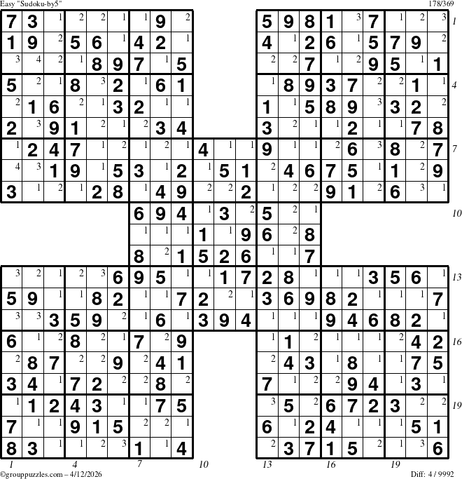 The grouppuzzles.com Easy Sudoku-by5 puzzle for Sunday April 12, 2026, suitable for printing, with all 4 steps marked