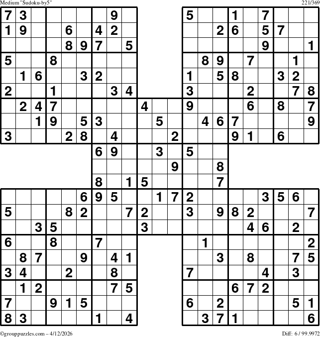 The grouppuzzles.com Medium Sudoku-by5 puzzle for Sunday April 12, 2026
