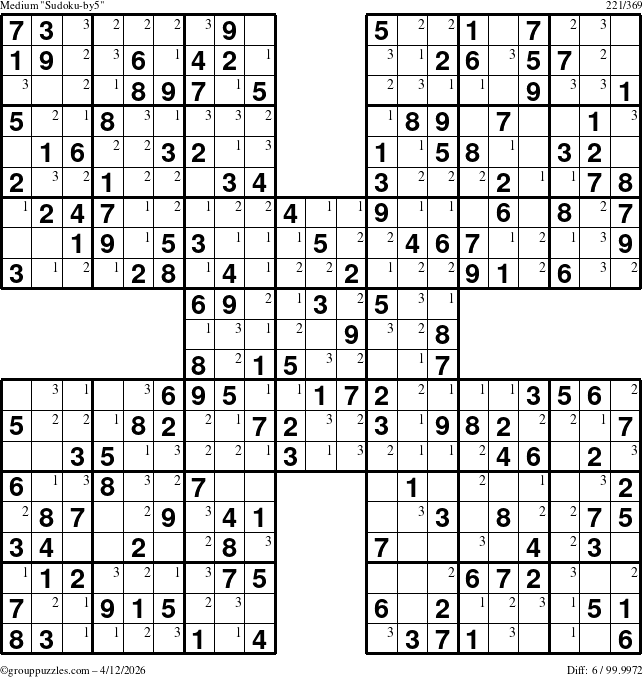 The grouppuzzles.com Medium Sudoku-by5 puzzle for Sunday April 12, 2026 with the first 3 steps marked