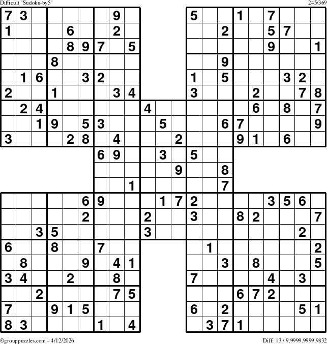 The grouppuzzles.com Difficult Sudoku-by5 puzzle for Sunday April 12, 2026