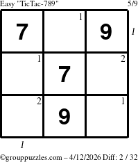 The grouppuzzles.com Easy TicTac-789 puzzle for Sunday April 12, 2026 with all 2 steps marked
