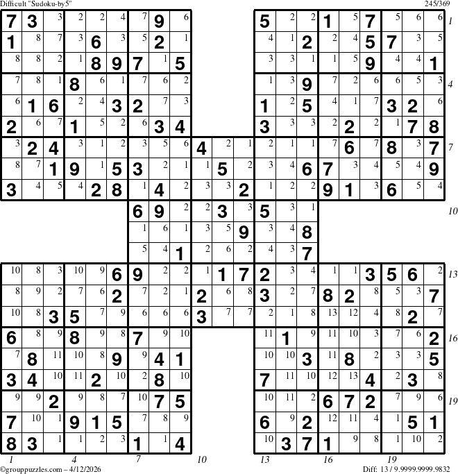 The grouppuzzles.com Difficult Sudoku-by5 puzzle for Sunday April 12, 2026, suitable for printing, with all 13 steps marked