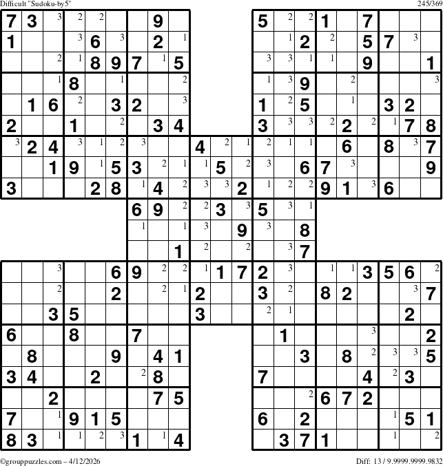 The grouppuzzles.com Difficult Sudoku-by5 puzzle for Sunday April 12, 2026 with the first 3 steps marked
