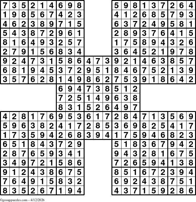 The grouppuzzles.com Answer grid for the Sudoku-by5 puzzle for Sunday April 12, 2026