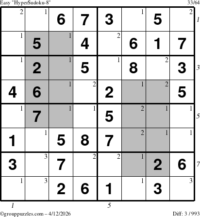 The grouppuzzles.com Easy HyperSudoku-8 puzzle for Sunday April 12, 2026 with all 3 steps marked