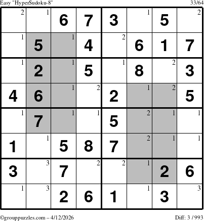 The grouppuzzles.com Easy HyperSudoku-8 puzzle for Sunday April 12, 2026 with the first 3 steps marked