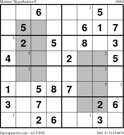 The grouppuzzles.com Medium HyperSudoku-8 puzzle for Sunday April 12, 2026 with the first 3 steps marked