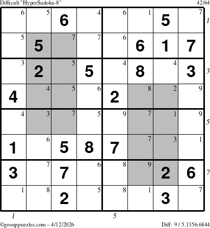 The grouppuzzles.com Difficult HyperSudoku-8 puzzle for Sunday April 12, 2026 with all 9 steps marked
