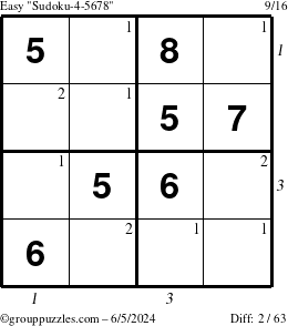 The grouppuzzles.com Easy Sudoku-4-5678 puzzle for Wednesday June 5, 2024 with all 2 steps marked