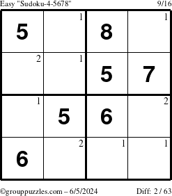 The grouppuzzles.com Easy Sudoku-4-5678 puzzle for Wednesday June 5, 2024 with the first 2 steps marked