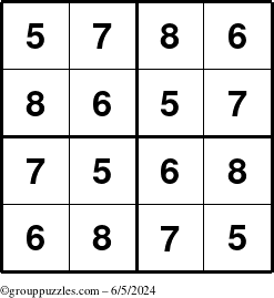 The grouppuzzles.com Answer grid for the Sudoku-4-5678 puzzle for Wednesday June 5, 2024