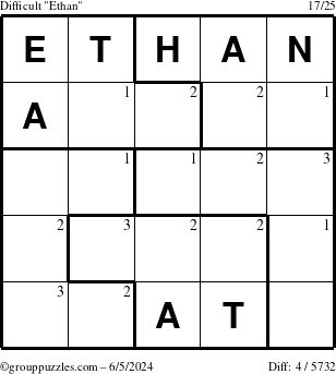 The grouppuzzles.com Difficult Ethan puzzle for Wednesday June 5, 2024 with the first 3 steps marked