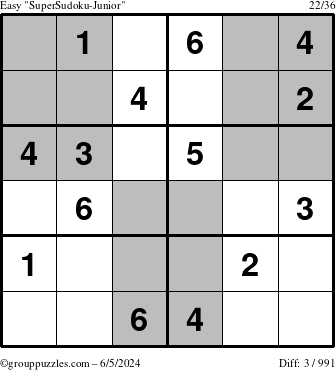 The grouppuzzles.com Easy SuperSudoku-Junior puzzle for Wednesday June 5, 2024