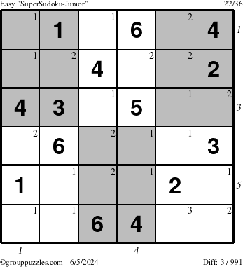 The grouppuzzles.com Easy SuperSudoku-Junior puzzle for Wednesday June 5, 2024 with all 3 steps marked