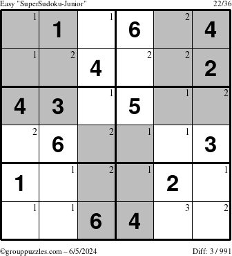 The grouppuzzles.com Easy SuperSudoku-Junior puzzle for Wednesday June 5, 2024 with the first 3 steps marked