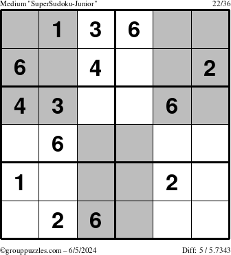 The grouppuzzles.com Medium SuperSudoku-Junior puzzle for Wednesday June 5, 2024