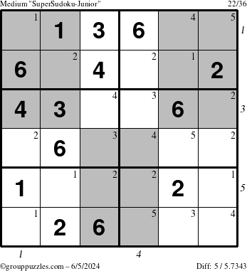 The grouppuzzles.com Medium SuperSudoku-Junior puzzle for Wednesday June 5, 2024, suitable for printing, with all 5 steps marked