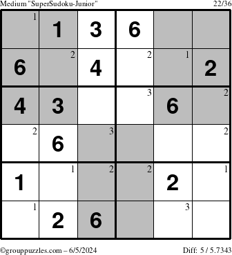 The grouppuzzles.com Medium SuperSudoku-Junior puzzle for Wednesday June 5, 2024 with the first 3 steps marked