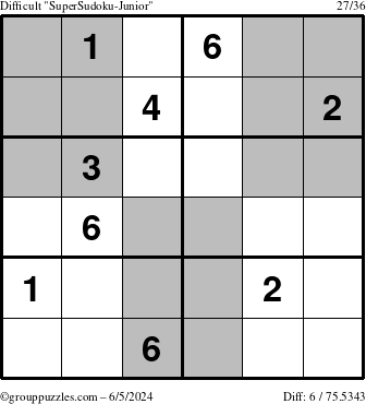 The grouppuzzles.com Difficult SuperSudoku-Junior puzzle for Wednesday June 5, 2024