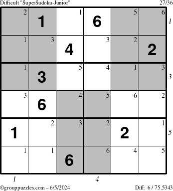 The grouppuzzles.com Difficult SuperSudoku-Junior puzzle for Wednesday June 5, 2024 with all 6 steps marked