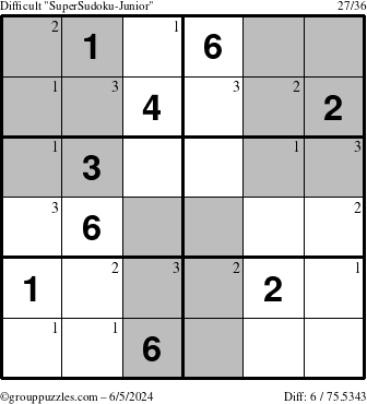 The grouppuzzles.com Difficult SuperSudoku-Junior puzzle for Wednesday June 5, 2024 with the first 3 steps marked