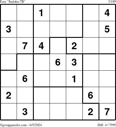 The grouppuzzles.com Easy Sudoku-7B puzzle for Wednesday June 5, 2024