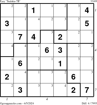 The grouppuzzles.com Easy Sudoku-7B puzzle for Wednesday June 5, 2024 with all 4 steps marked